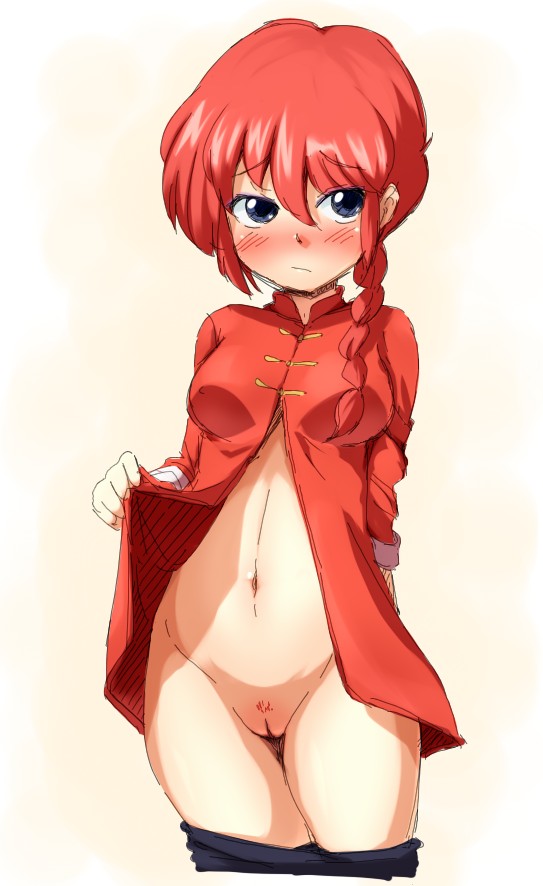 1girls 4shi blue_eyes blush braid breasts canon_genderswap chinese_clothes female female_only looking_at_viewer navel pubic_hair pussy ranma-chan ranma_1/2 ranma_saotome red_hair solo standing uncensored