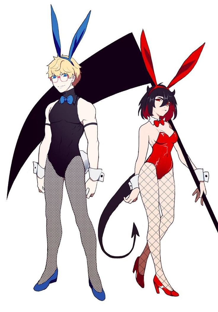 black_clothing black_hair blonde_hair blue_eyes blue_shoes bunny_tail chase_(i'm_the_grim_reaper) color demon demon_girl demon_horns demon_tail female fishnets graveweaver high_heels i'm_the_grim_reaper light-skinned_female light-skinned_male light_skin looking_at_viewer male original original_character original_characters playboy playboy_bunny red_clothing red_eyes red_hair red_shoes scarlet_(i'm_the_grim_reaper) scars scythe shoes simple_background smile smiling smiling_at_viewer stitches tail weapon webcomic webcomic_character webtoon white_background white_skin yellow_hair