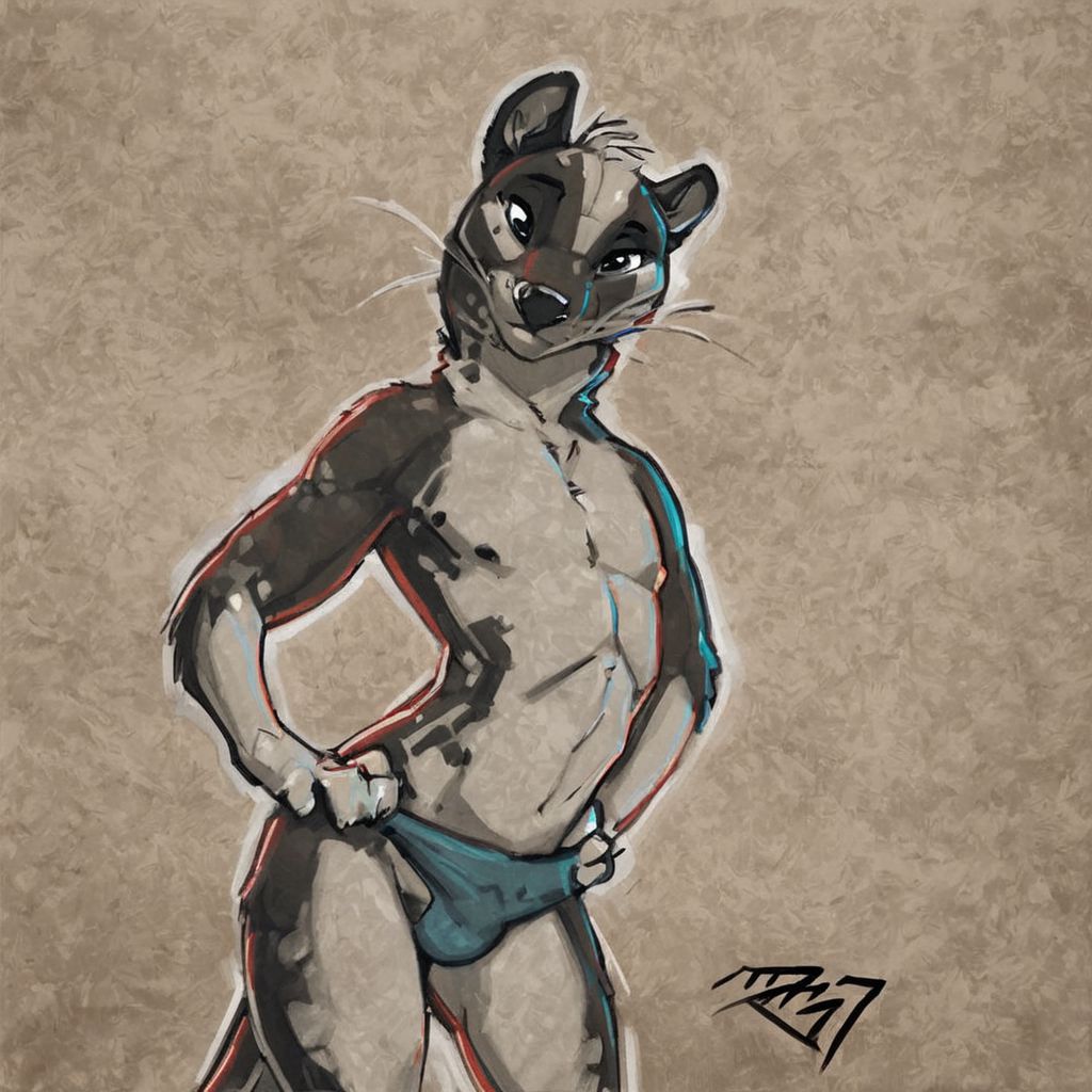 ai_generated anthro anthro_only buldge desaturated ferret furry furry_only male male_only pinup pinup_pose skinny solo solo_male spotted_body spotted_fur underwear