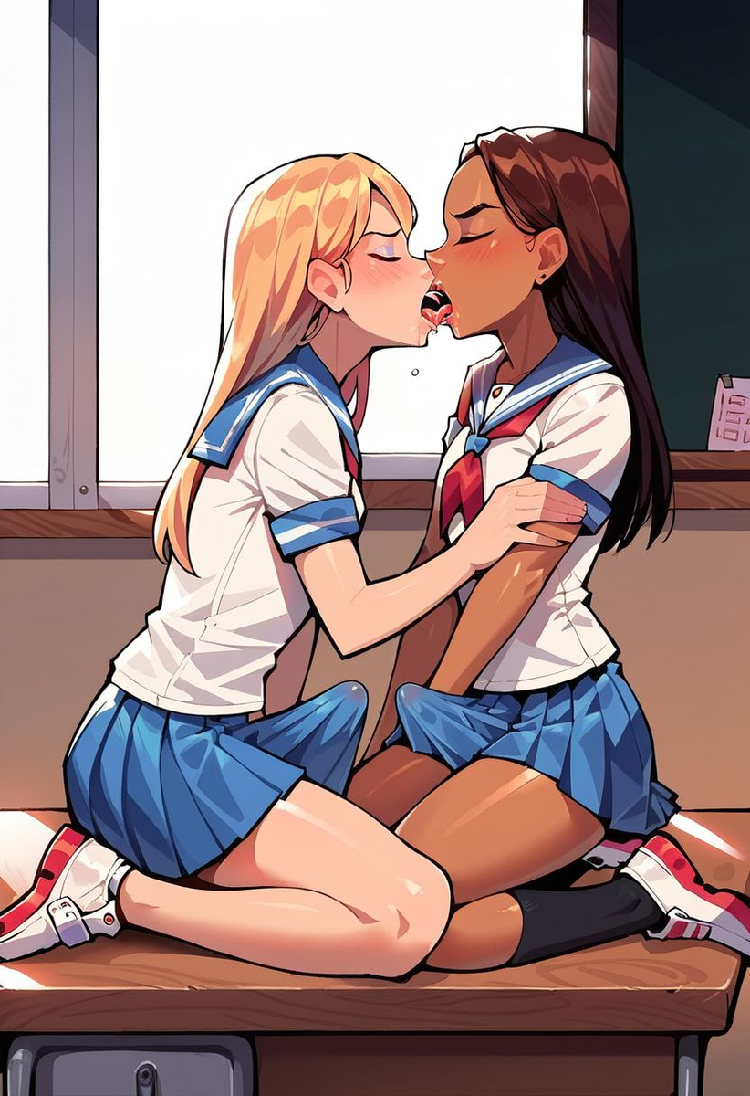 2futas 2girls ai_generated annoyed blonde_hair brown_hair closed_eyes dark-skinned_female dark-skinned_futanari dark_skin desgens erection erection_under_clothes french_kiss futa_on_futa futanari kissing saliva school_uniform schoolgirl teenage_girl teenager tsundere