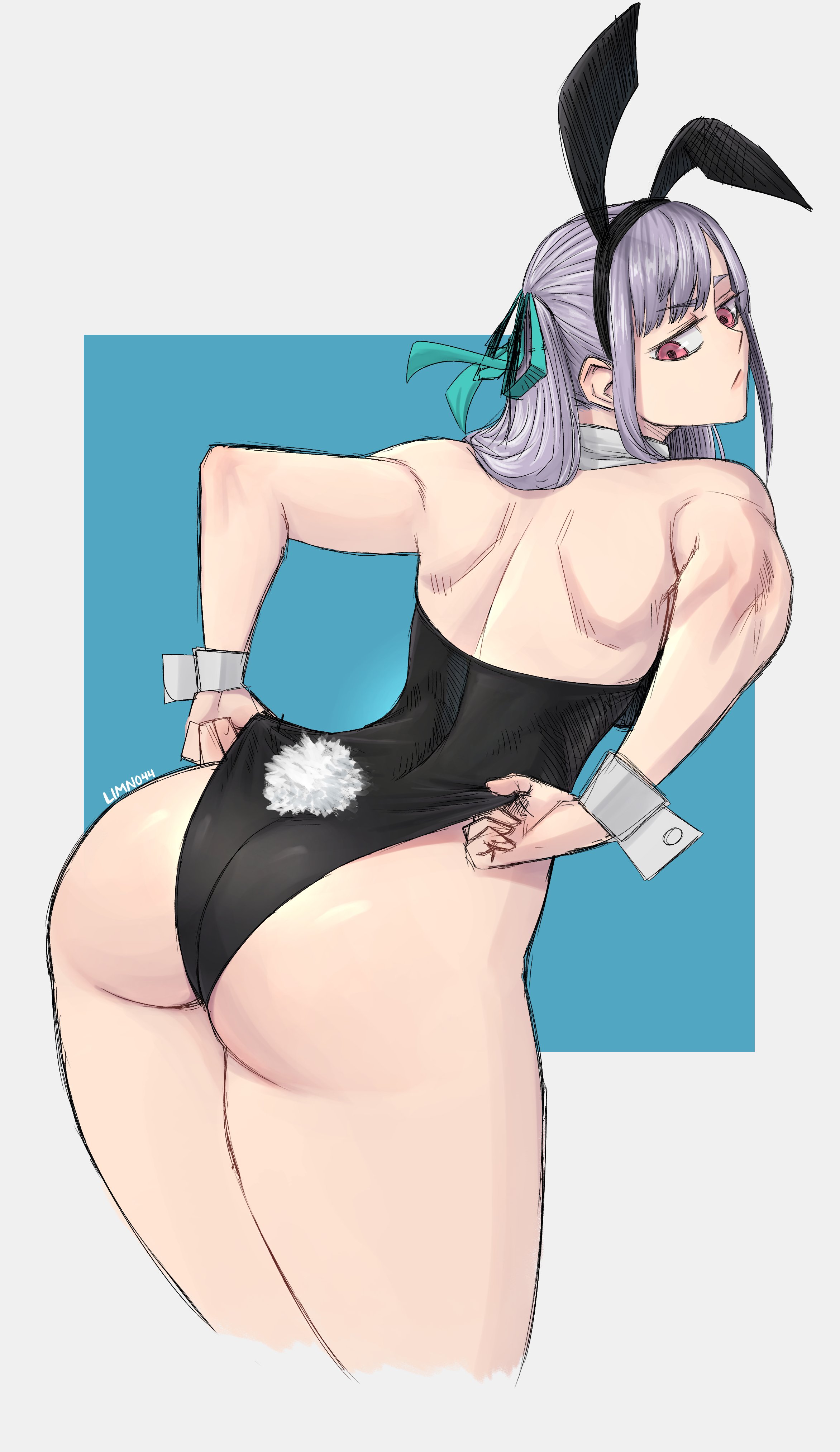 1girls, ass, ass focus, big ass, black clover, bunny ears, bunny tail, bunnysuit, female, female only, limn044, looking back, noelle silva, pink eyes, silver hair, solo, solo female, twintails