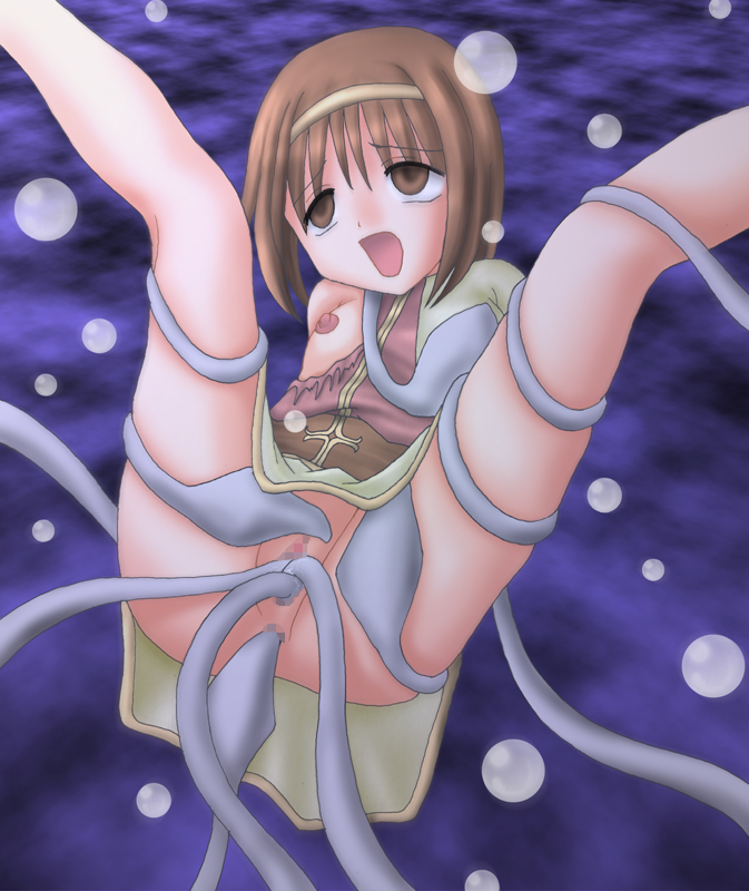 acolyte acolyte_(ragnarok_online) anal blush brown_eyes brown_hair female female_only multiple_penetration ragnarok_online restrained tentacle triple_vaginal vaginal_penetration