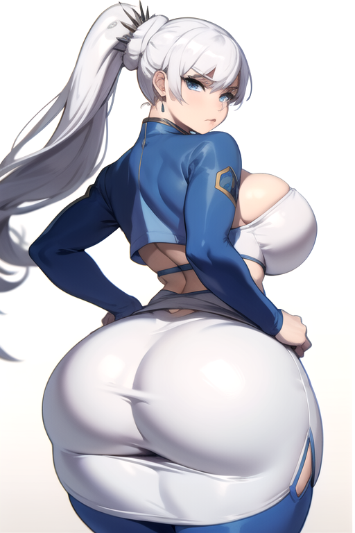 1girls ai_generated big_ass big_breasts blue_eyes bubble_ass bubble_butt curvy_female daidouji_(artist) huge_ass large_breasts light-skinned_female light_skin long_hair looking_back pawg ponytail rwby standing thick thick_ass thick_thighs tight_dress weiss_schnee white_hair