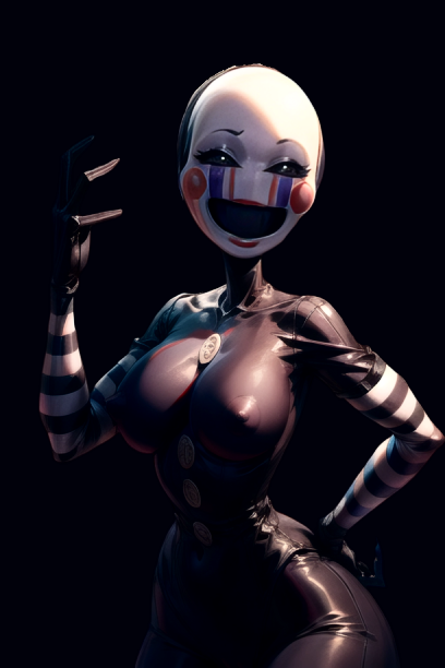 ai_generated animatronic animatronic_female bald black_background breasts buttons classic_fnaf_2_marionette classic_fnaf_2_puppet curvy eyelashes female five_nights_at_freddy's five_nights_at_freddy's_2 hand_on_hip looking_at_viewer marionette_(fnaf) masked masked_female nipples original_fnaf_2_marionette original_fnaf_2_puppet perky_breasts pixai puppet_(fnaf) simple_background striped_arms striped_legs ultimate_custom_night