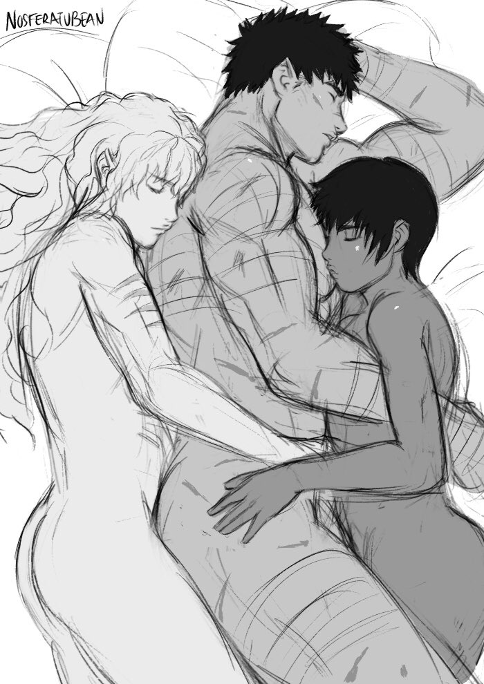 1girls 2boys 2boys1girl akistrike arms_around_partner artist_name bed bed_sheet berserk bisexual bisexual_male black_hair canon_couple casca closed_eyes completely_nude cuddling embrace greyscale griffith guts_(berserk) hand_on_another's_hip human long_hair lying lying_on_bed lying_on_side mmf_threesome monochrome muscular muscular_male nosferatuaki romantic romantic_couple scar scars_all_over short_hair sketch sleeping threesome watermark white_hair wholesome