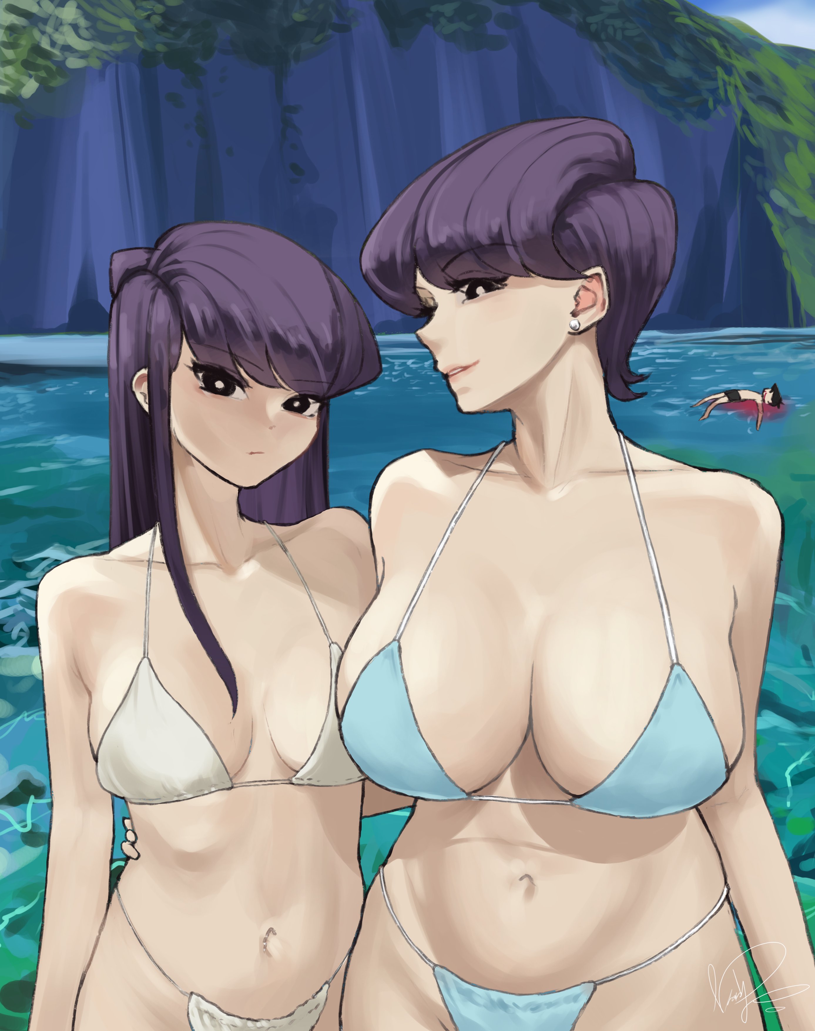 1boy, 2girls, absurdres, bikini, black eyes, black hair, blue bikini, breasts, corpse, death, female, highres, huge breasts, komi shouko, komi shuuko, komi-san wa komyushou desu, large breasts, long hair, male, male death, meme, milf, mother and daughter, mother daughter boob envy (meme), mountain, multiple females, multiple girls, murder, navel, outdoors, short hair, swimsuit, tadano hitohito, water, white bikini