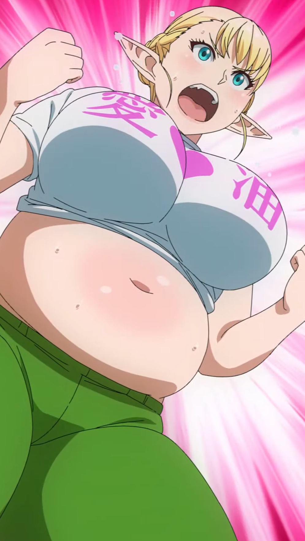 anime_screencap bbw big_belly big_breasts blonde blonde_hair blue_eyes chubby elf elf-san_wa_yaserarenai elfuda fat_female higher_resolution_duplicate pointy_ears screencap screenshot thick_thighs trailer