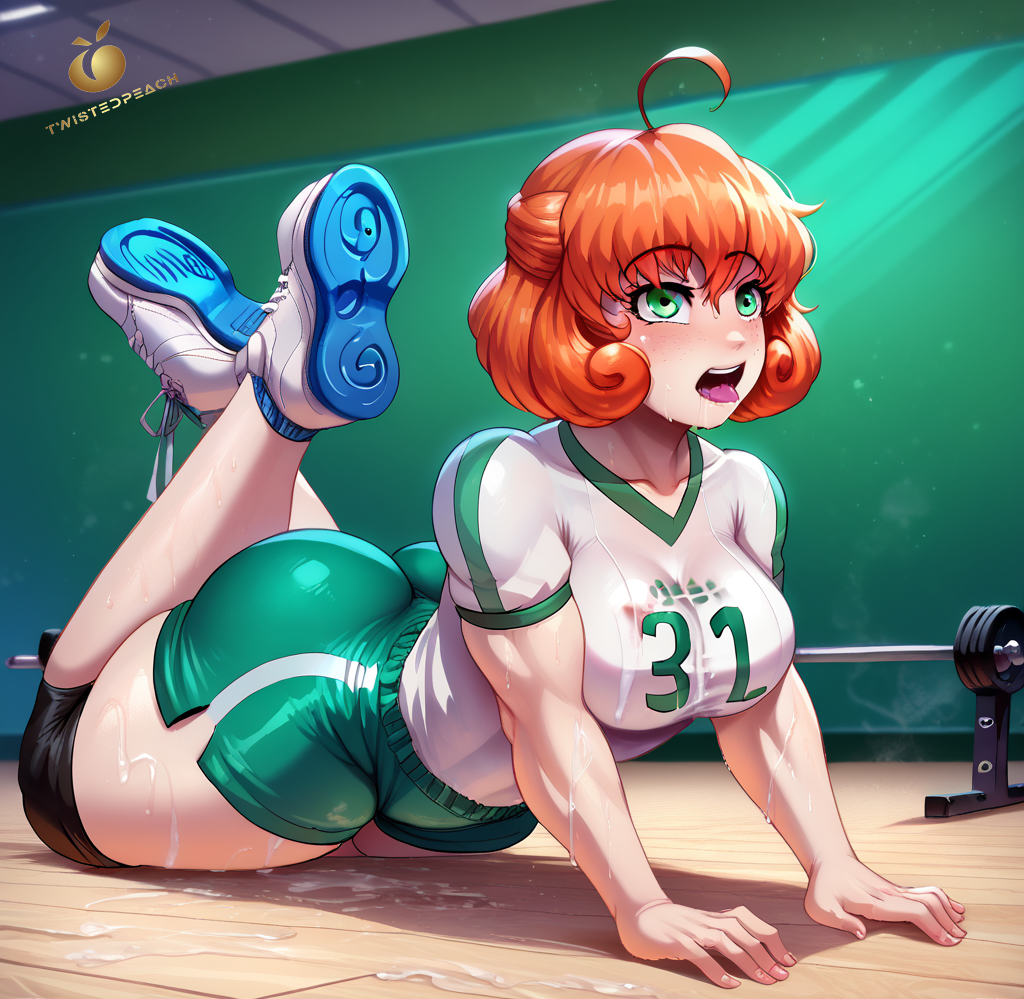 ai_generated big_butt female ginger green_eyes green_shorts gym gym_clothes gym_uniform jlullaby_(style) orange_hair penny_polendina robot rwby tagme twistedpeach