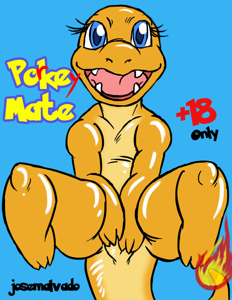 2013 blue_eyes charmander comic covering covering_self female fire josemalvado lizard nintendo nude open_mouth orange_body plain_background pokémon_(species) pokemon scalie tail tail_fire teeth tongue video_games