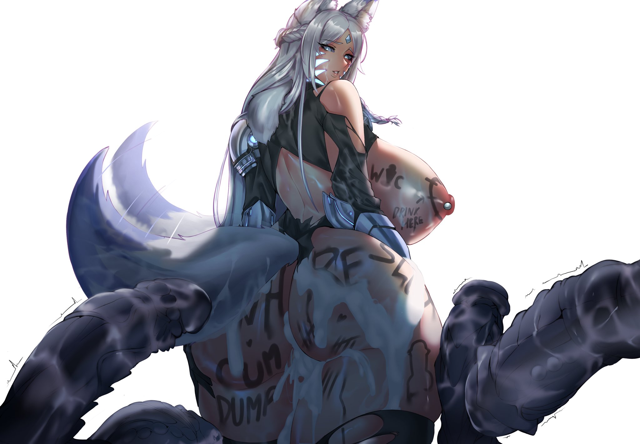 1girls, 4boys, alien, armor, ass, balls, big ass, big breasts, big butt, big penis, big thighs, black cock, blue eyes, blush, braided hair, breasts, character (isfrid), clothing, clothing damage, crystal, cum, cum dripping, cum dripping from ass, cum dripping out of pussy, cum dump, cum leaking, cum leaking out of penis, cum on breasts, drawing on body, female, fox ears, fox girl, fox humanoid, fox tail, fur, futuristic, glowing clothes, glowing markings, head grab, heart on butt, looking at penis, looking back, male, male/female, markings, markings on face, massive breasts, monster, monster cock, oc, original character, penis, pierced nipples, piercings, pubic hair, pussy, pussy juice, pussy lips, soft cock, surrounded, surrounded by men, surrounded by penis, surrounded by penises, tail wagging, tally marks, torn clothes, torn clothing, viking, viking female, wet pussy, white fur, white hair, white skin, writing on body, z enatsu, zenatsu