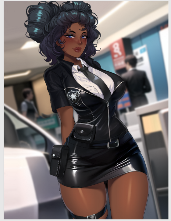 1girls artist_request belt belt_buckle big_breasts big_lips bimbo_lips black_hair blue_eyes dark-skinned_female dark_skin eva_(sexy_beaches) female female_focus fully_clothed melanin miniskirt nutaku police_uniform policewoman sexy_beaches shiny_clothes skirt tagme thick_lips tight_clothing tight_skirt uniform