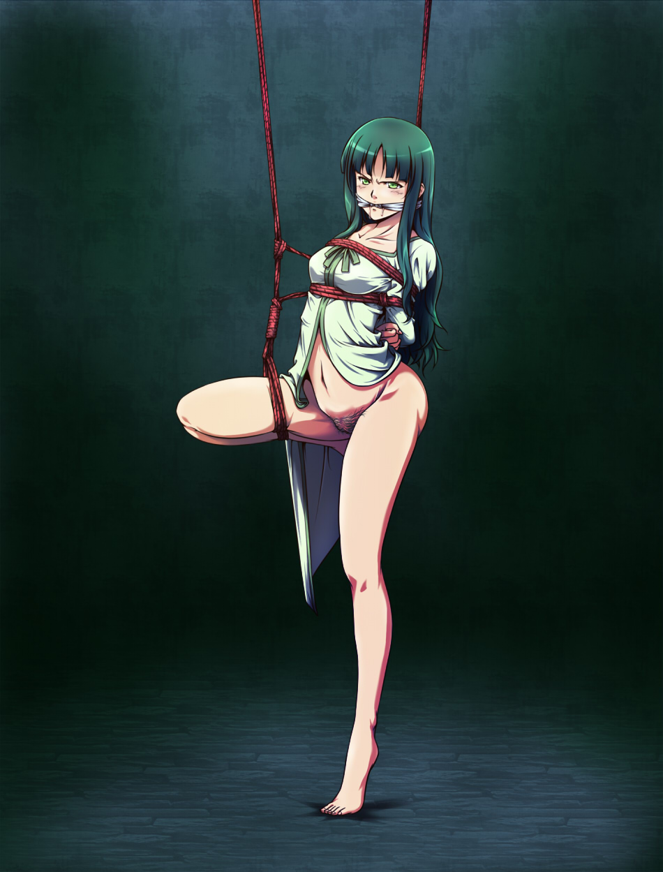 arms_behind_back bondage bottomless bound_legs box_tie breast_bondage breasts drooling fate/zero fate_(series) female gag green_hair highres long_hair milf on_one_foot pubic_hair sakuraba_tsukasa saliva solo suspension tohsaka_aoi uncensored