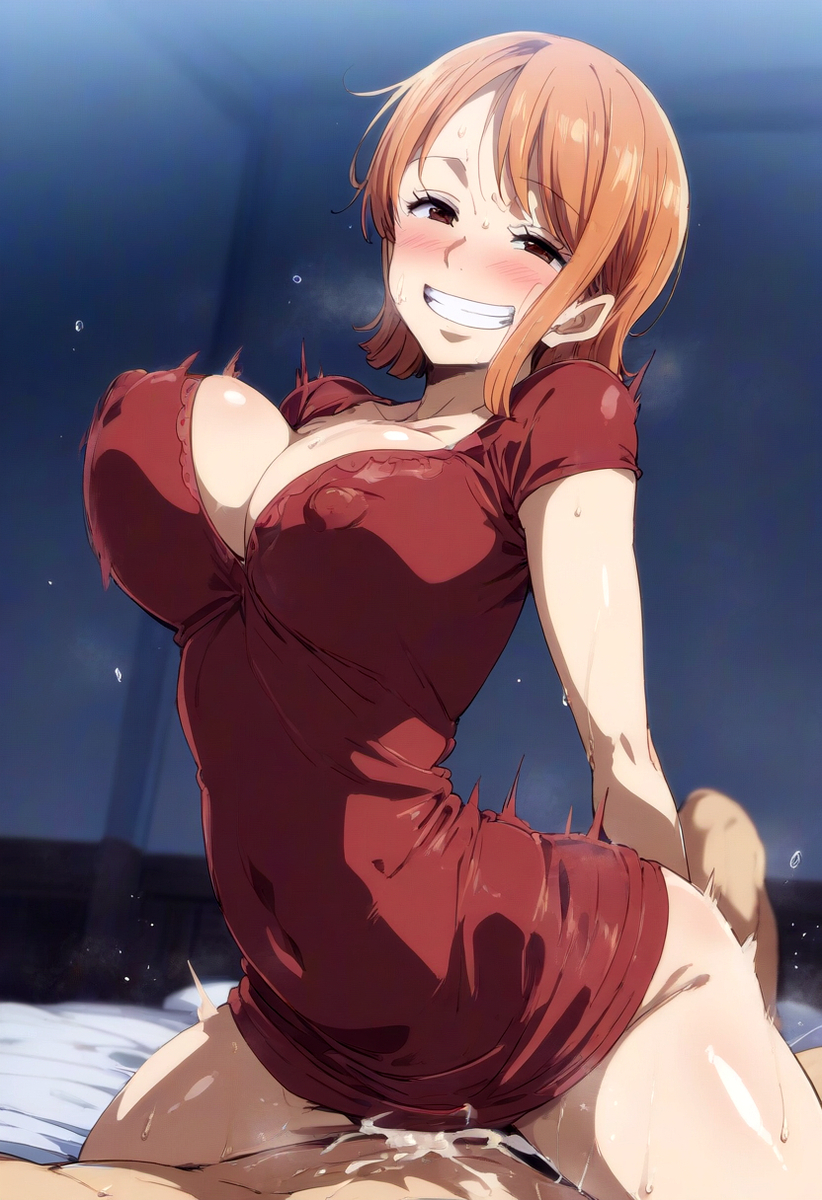 1boy, 1girls, ai generated, bare legs, bare shoulders, bare thighs, big breasts, big penis, breasts, color, female, hi res, large breasts, light skin, light-skinned female, looking pleasured, male, male penetrating, male/female, nami (one piece), nko, one piece, open mouth, orange eyes, orange hair, penetration, penile penetration, penis, penis in pussy, pleasure face, pre-timeskip, pussy, riding, sex, short hair, shounen jump, sweat, tagme, thick thighs, vaginal penetration