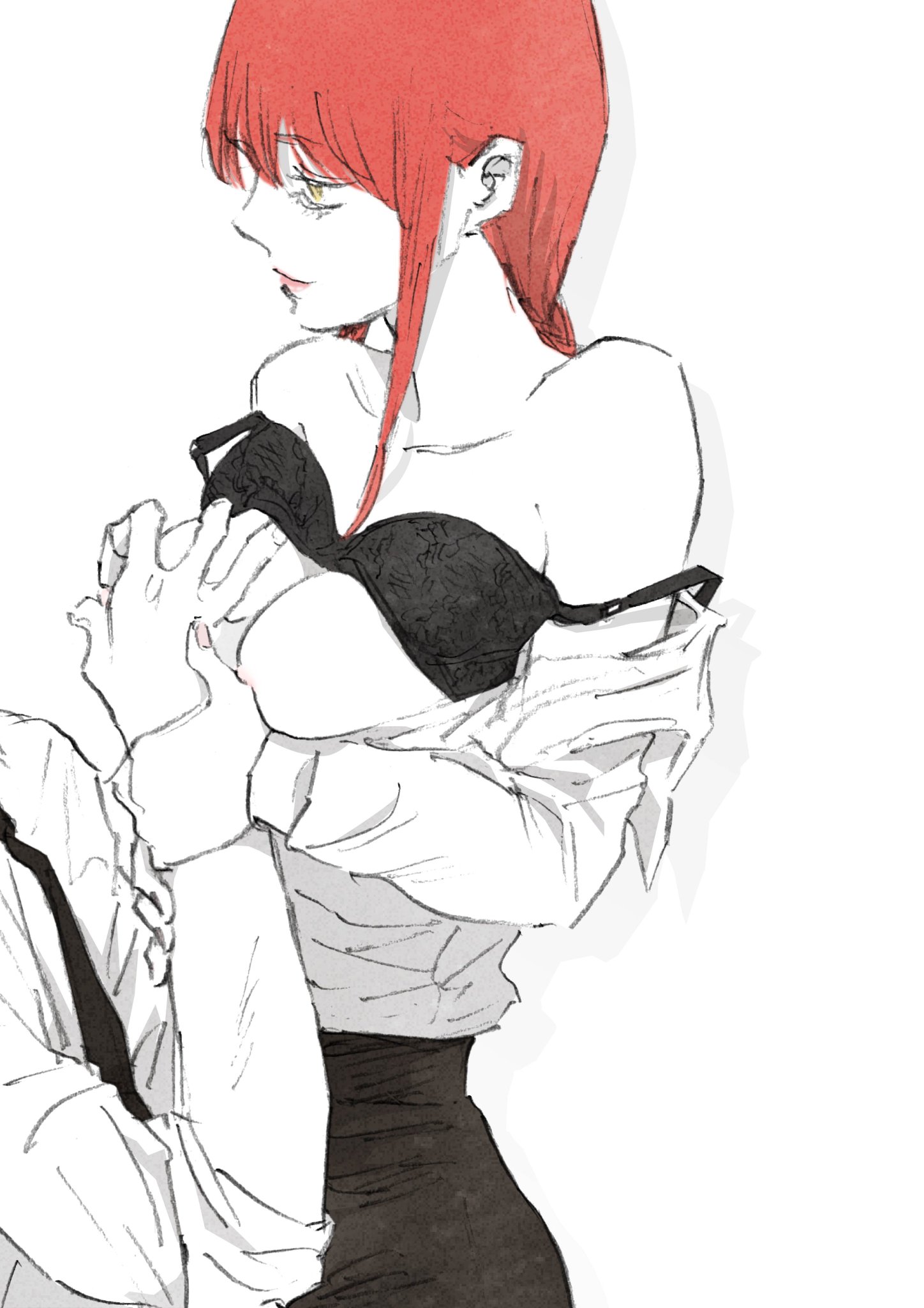 black bra, black underwear, blonde hair, breast grab, breasts, chainsaw man, collared shirt, denji (chainsaw man), exposed breasts, female, gold eyes, golden eyes, grabbing breast, grabbing breasts, makima (chainsaw man), male, red hair, senaka look, white shirt, yellow eyes