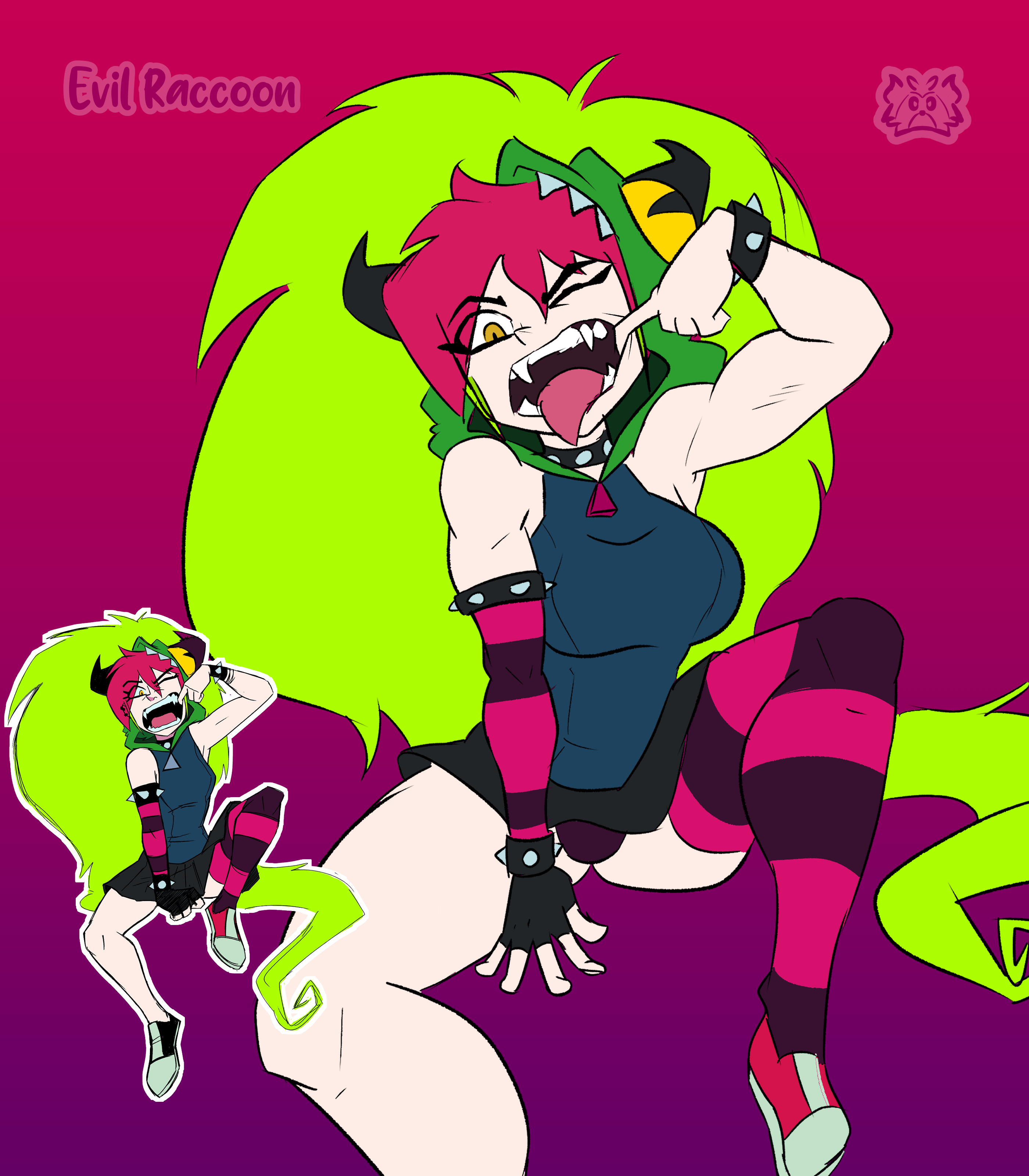 ass, big breasts, breasts, cartoon network, demencia (villainous), doodle, evil raccoon, female, light skin, light-skinned female, miniskirt, muscles, muscular, muscular female, open mouth, pale skin, pale-skinned female, pointy teeth, punk, red hair, redraw, teeth, thick ass, tongue, tongue out, villainous, yellow eyes, yellow hair
