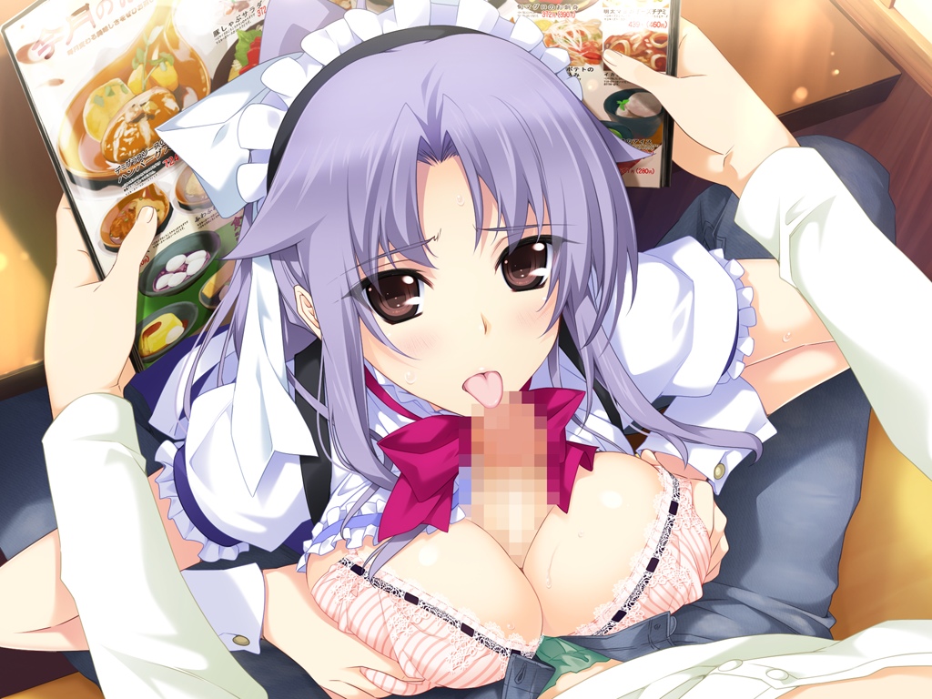 bra breast_squeeze breasts brown_eyes censored cleavage fellatio female game_cg hair highres iizuki_tasuku large_breasts licking long_hair looking_up lovely_x_cation_2 maid_headdress narukawa_hime open_clothes oral paizuri penis purple_hair sitting table tongue tongue_out waitress