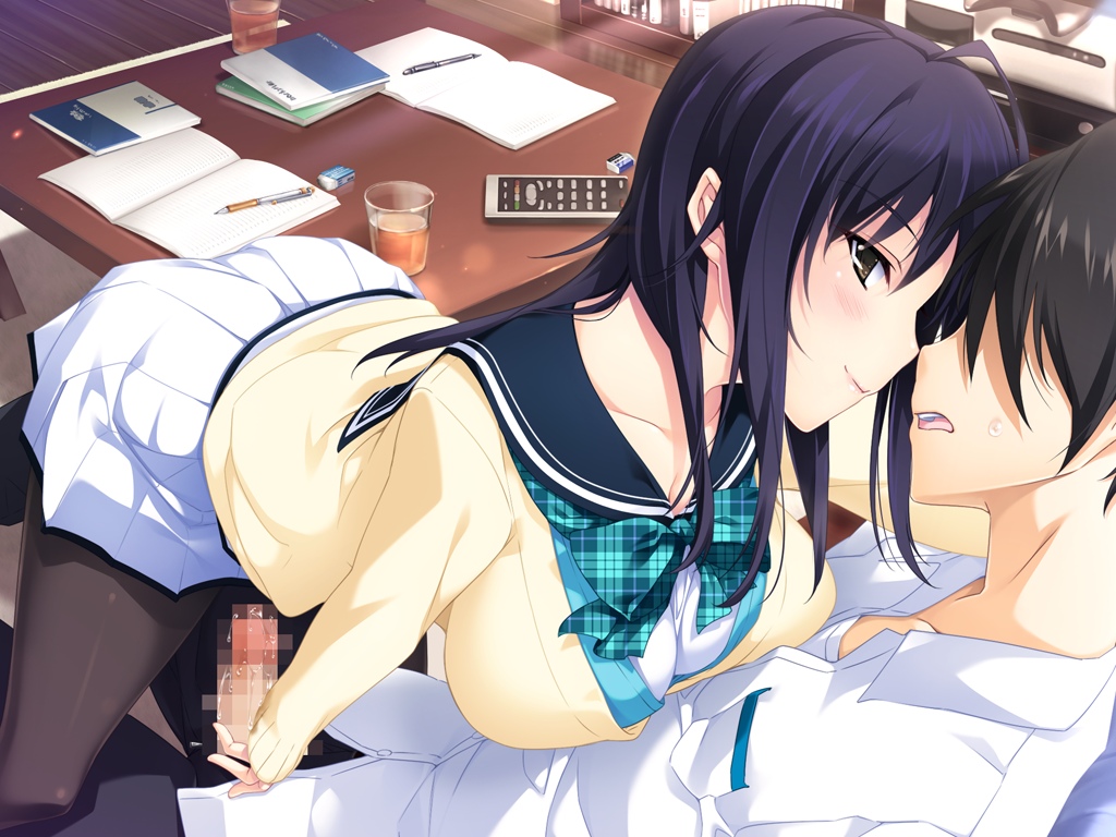 black_hair blue_hair breast_press breasts brown_eyes censored cup female game_cg handjob highres iizuki_tasuku izumi_wakoto large_breasts long_hair looking_back lovely_x_cation_2 naughty_face notebook pantyhose penis remote_control school_uniform short_hair sitting skirt smile table