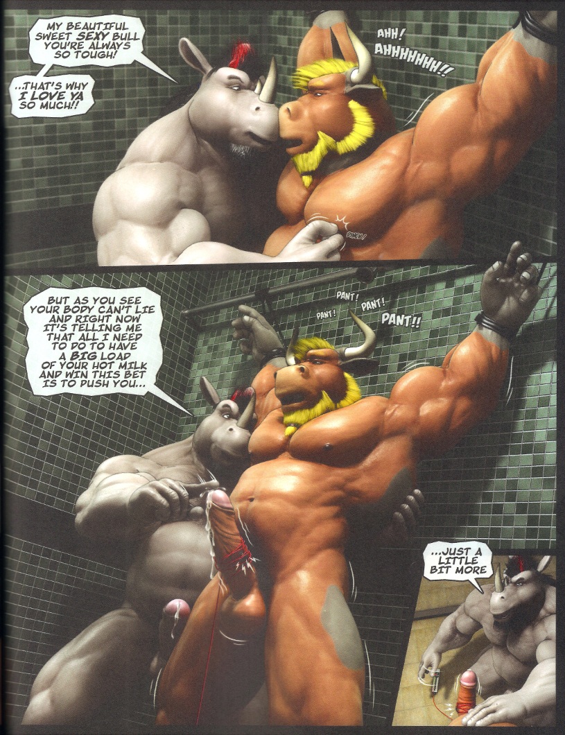 3d abs balls beard biceps big_balls big_muscles black_hair blonde_hair bondage bound bovine braford cattle closed_eyes comic dialog electrostimulation english_text erection facial_hair gay hair male mohawk muscles nipple_pinch nipples nude pecs penis precum red_hair rhinoceros sex sex_toy standing sweat text uncut