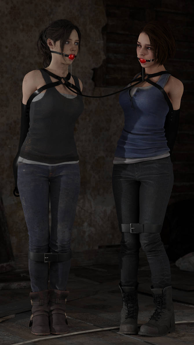 2girls 3d armbinder ball_gag bondage claire_redfield jill_valentine jill_valentine_(sasha_zotova) multiple_girls resident_evil rindekey