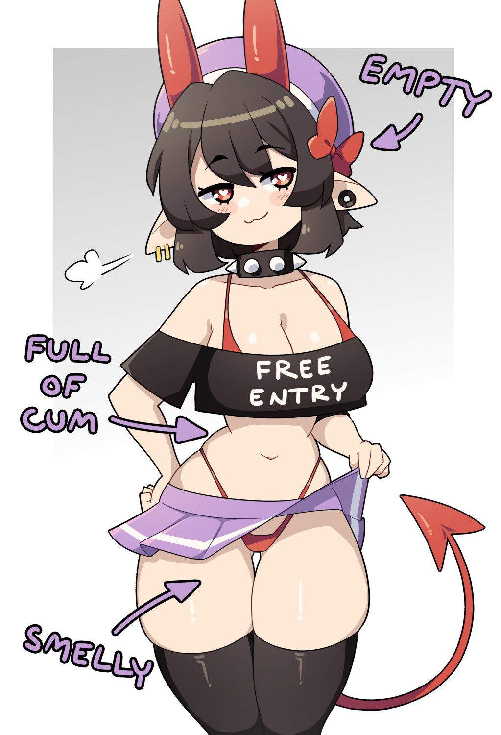 :3, 1girls, bikini, bikini under clothes, black hair, black thighhighs, blush, collar, crop top, demon girl, demon tail, english text, female, female only, hat, heart-shaped pupils, hi res, horns, j5daigada, miniskirt, original, pointy ears, revealing clothes, selene (daigada), skimpy clothes, skirt, skirt lift, smile, solo, spiked collar, tail, text, text on clothing, thick thighs, thighhighs