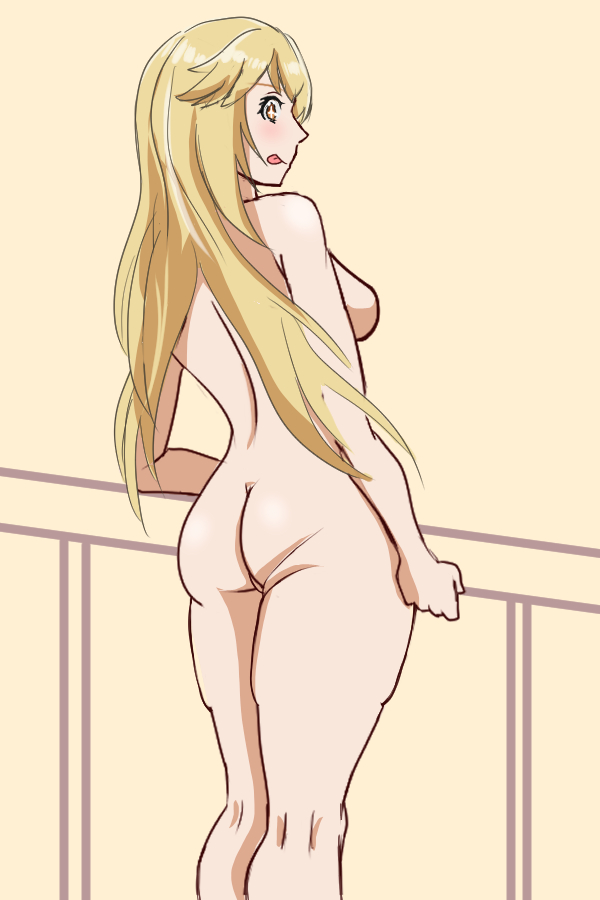 1girls ass blonde_hair breasts female female_only long_hair nude shokuhou_misaki smile spine teenage_girl teenager to_aru_majutsu_no_index tongue yellow_eyes young younger_female