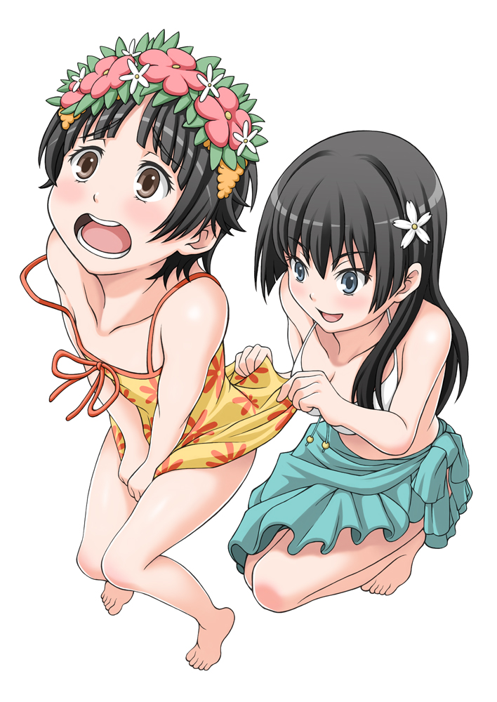 2girls barefoot bikini black_hair brown_eyes casual_one-piece_swimsuit feet female flower green_eyes hair hair_flower hair_ornament head_wreath hime_cut long_hair multiple_girls one-piece_swimsuit sarong saten_ruiko short_hair strap_slip swimsuit to_aru_kagaku_no_railgun to_aru_majutsu_no_index uiharu_kazari very_short_hair yuri