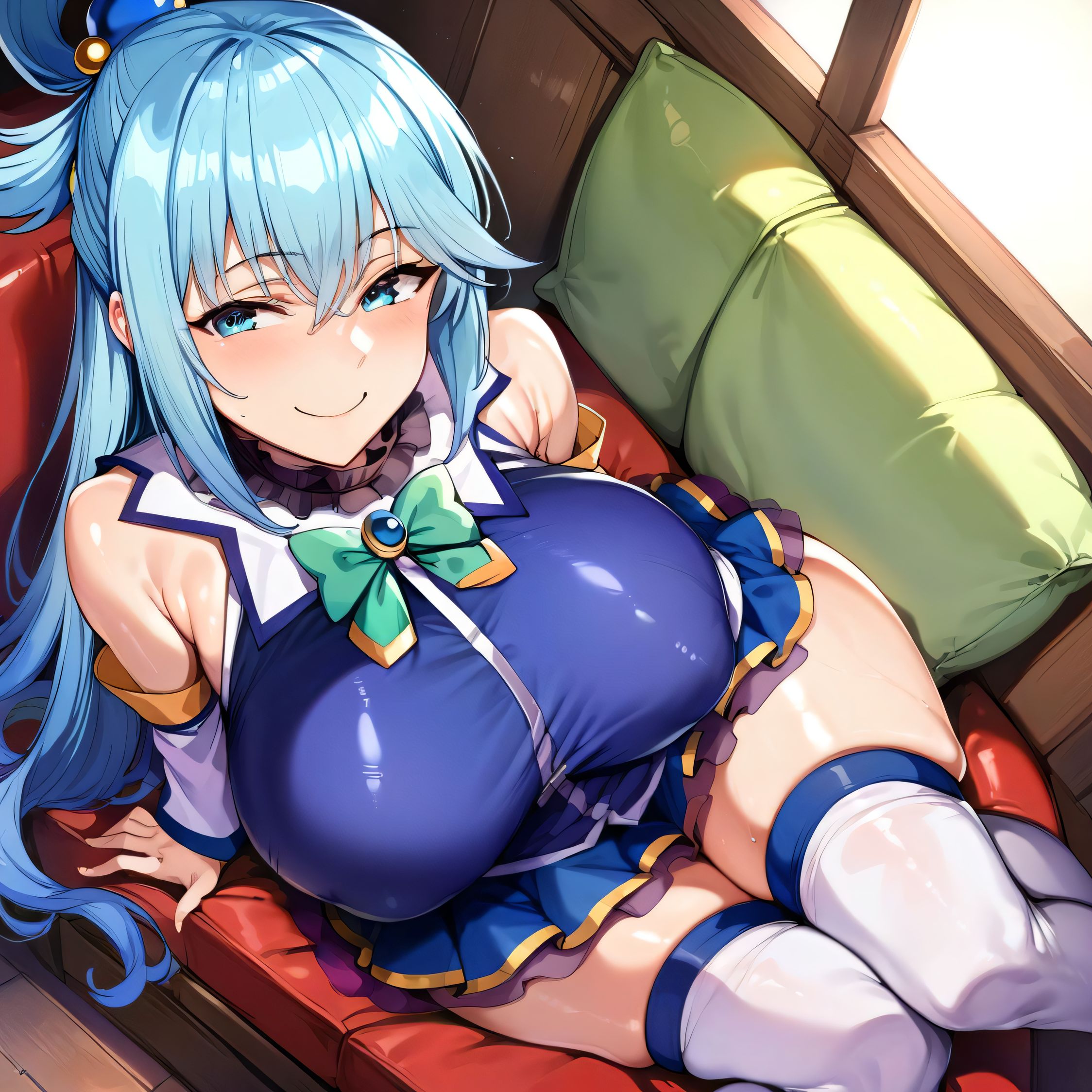 1girls, ai generated, alternate breast size, aqua (konosuba), big breasts, breasts, busty, curvaceous, curvy, curvy body, curvy female, curvy figure, female, huge breasts, kono subarashii sekai ni shukufuku wo!, large breasts, nipples, sitting, skindentation, skirt, solo, sweat, sweating, sweaty, sweaty body, sweaty breasts, thick thighs, thighhighs, thighs, venus body
