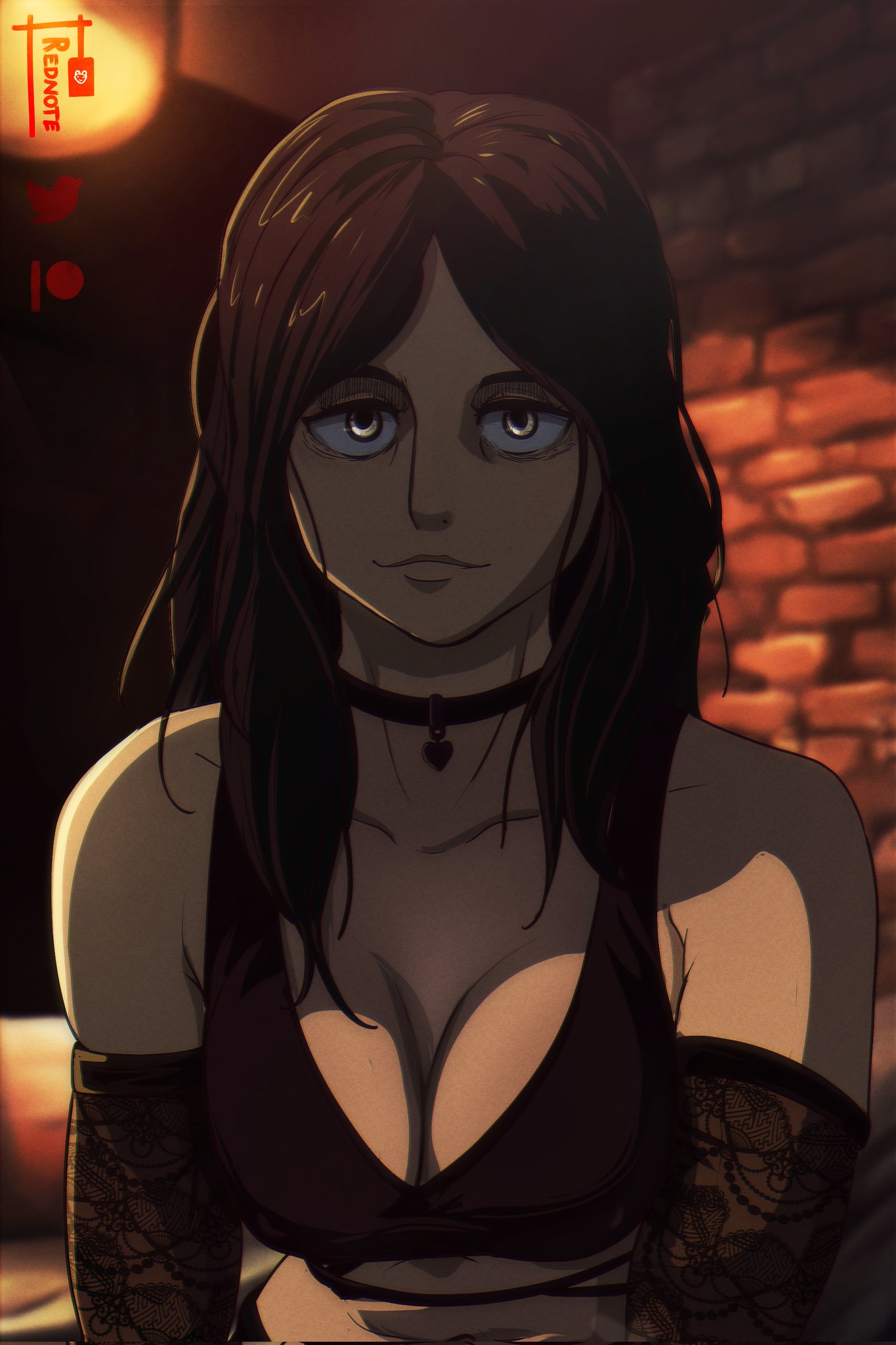 1girls, attack on titan, big breast, black lingerie, breasts, choker, dark lighting, dark room, dungeon, female, lace, light skin, light-skinned female, lingerie, looking at viewer, messy hair, pieck finger, rednote, shingeki no kyojin, tired eyes