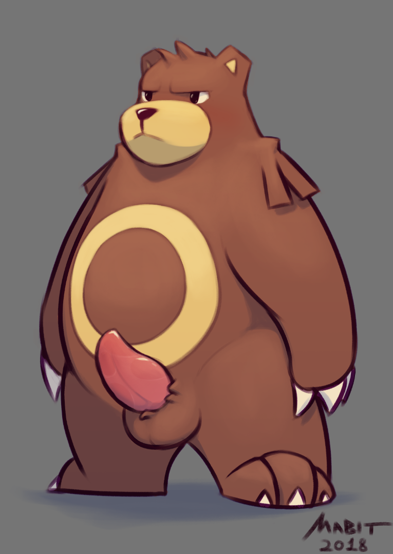 1boy 2018 3_fingers 3_toes animal_genitalia animal_penis anthro bear belly black_eyes blush brown_fur chubby claws digital_media_(artwork) erection feet fur furry grey_background half-closed_eyes looking_away mabit male male_only mammal nintendo no_nipples nude paws penis pokémon_(species) pokemon pokemon_gsc shadow simple_background solo standing testicles text ursaring video_games watermark