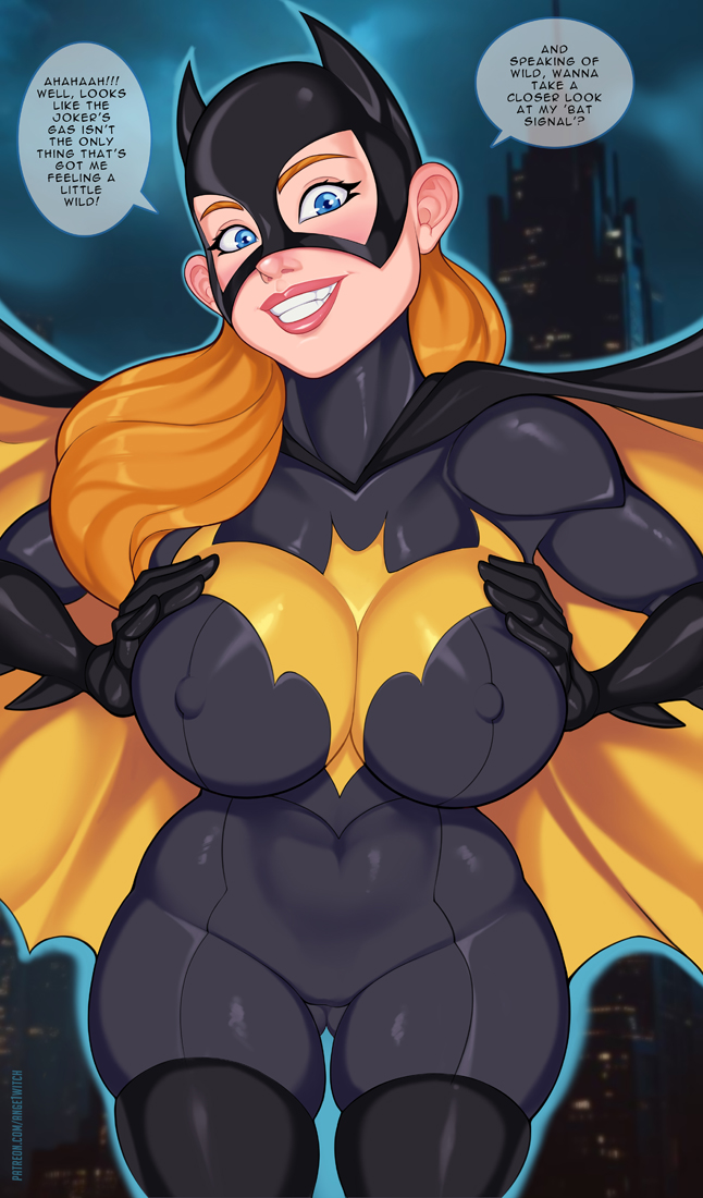 ange1witch barbara_gordon batgirl batman_(series) big_breasts blue_eyes busty dc dc_comics dialogue grabbing_breasts grabbing_from_behind horny_female hourglass_figure looking_at_viewer masked_female outdoors seductive smile smiling_at_viewer solo squeezing squeezing_breasts superheroine text