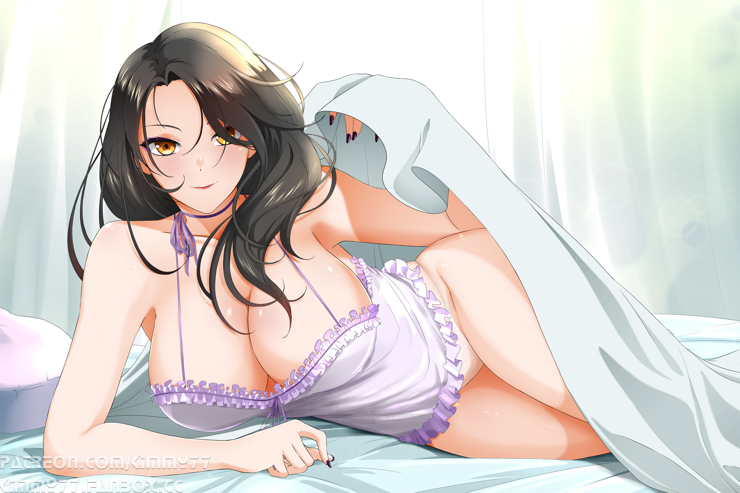 1girls, alternate version available, big breasts, black hair, black nail polish, black nails, breasts, cinder fall, cleavage, eyeshadow, female, female only, hair, hips, huge breasts, inviting under covers, kimmy77, light-skinned female, long hair, nail polish, nails, nightgown, on bed, on side, panties, purple eyeshadow, rwby, sheets, solo, solo female, thighs, white panties, yellow eyes