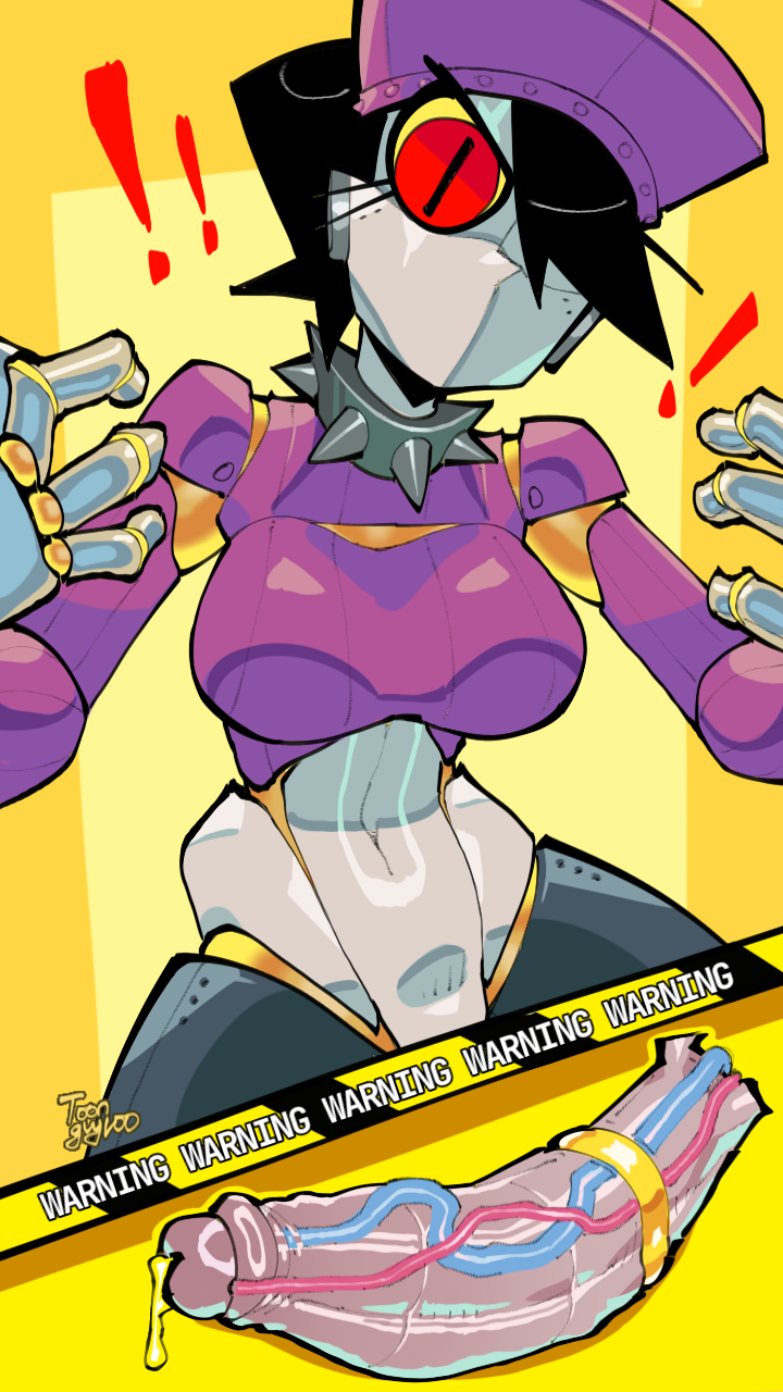 1futa 2024 breasts clothed clothing disembodied_penis erection futa_only futanari hair_over_one_eye hatgirl_(toonguy100) huge_cock humanoid humanoid_penis metallic_body mostly_clothed original_character penis red_eyes robot robot_girl self_upload solo standing text toonguy100 veiny_penis