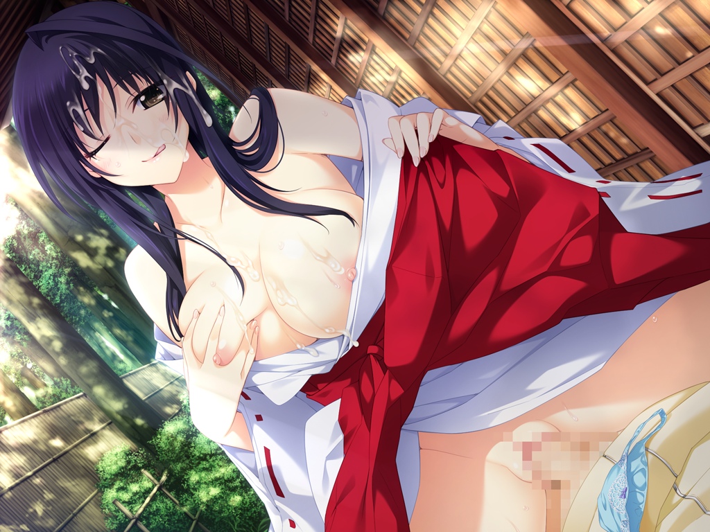 areolae blue_hair breast_grab breasts brown_eyes censored cum cum_on_breasts cum_on_hair cum_on_upper_body facial female game_cg hakama highres iizuki_tasuku izumi_wakoto japanese_clothes large_breasts long_hair lovely_x_cation_2 miko nipples no_bra panties penis sex smile underwear vaginal_penetration wink