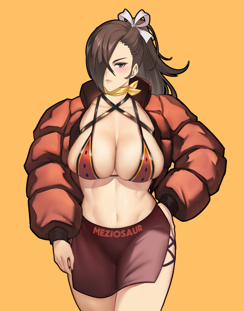 1girls artist_name bikini bikini_top_only blush breasts brown_eyes brown_hair cleavage closed_mouth collarbone commentary criss-cross_halter female female_only fire_emblem fire_emblem_fates hair_over_one_eye halterneck hand_on_own_hip jacket kagero_(fire_emblem) large_breasts lips long_hair long_sleeves looking_at_viewer meziosaur midriff navel nintendo open_clothes open_jacket orange_background ponytail simple_background skirt solo stomach swimsuit thighs