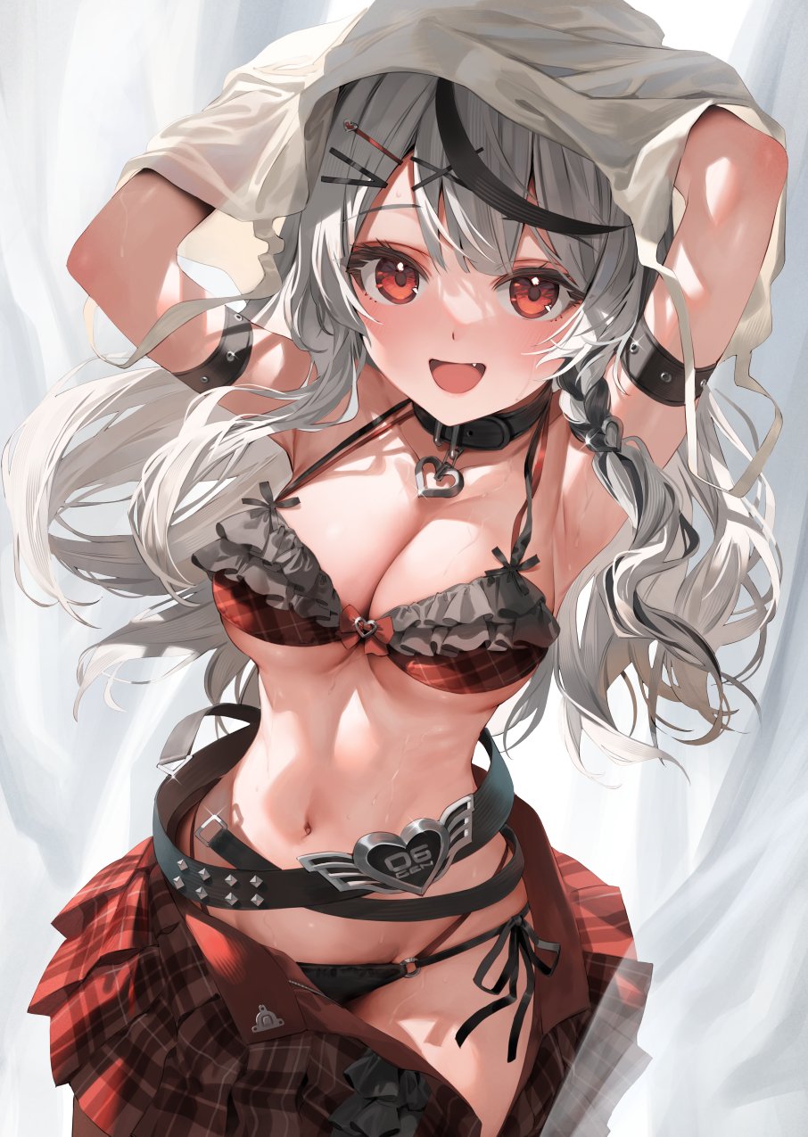 1girls, belly button, belt, black hair, blush, breasts, cleavage, collar, female, female only, grey hair, hololive, hololive japan, holox, huge breasts, light skin, light-skinned female, open mouth, parsley f, red eyes, sakamata chloe, skirt, solo, two-tone hair, virtual youtuber