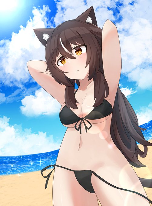 1girls beach_background bikini brown_hair cat_ears cat_girl cat_tail catgirl female female_only leopard_1 medium_breasts personification reta war_thunder yellow_eyes