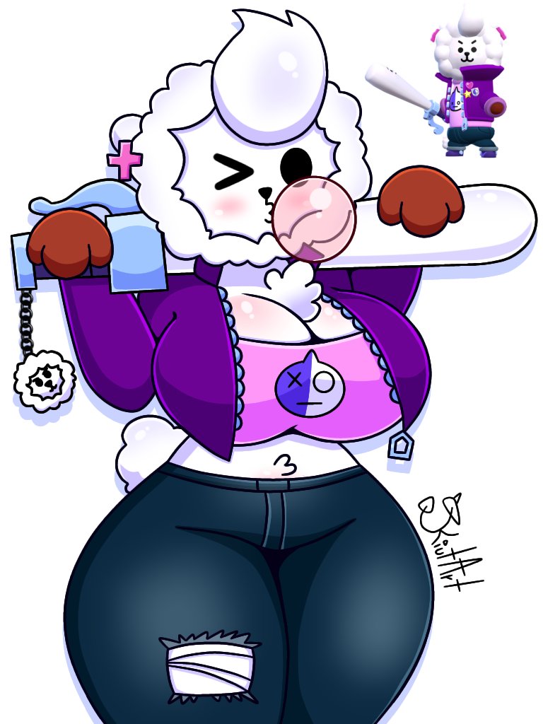 bibi_(brawl_stars) bibi_rj_(brawl_stars) brawl_stars bubble_gum clothed female furry kiut_arts rj_(bt21) solo thick_thighs white_body white_fur white_hair