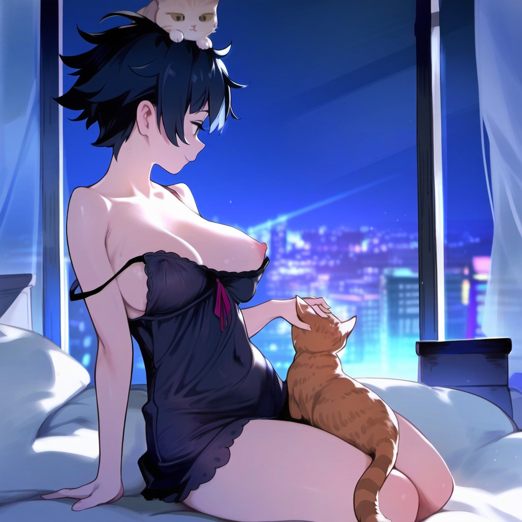 1girls ai_generated city feline indoors kitten large_breasts light_smile looking_away night nightgown nipple_slip novelai on_bed original original_character petting scenery self_upload short_hair sitting somethingweird tagme thick_thighs wardrobe_malfunction wholesome window