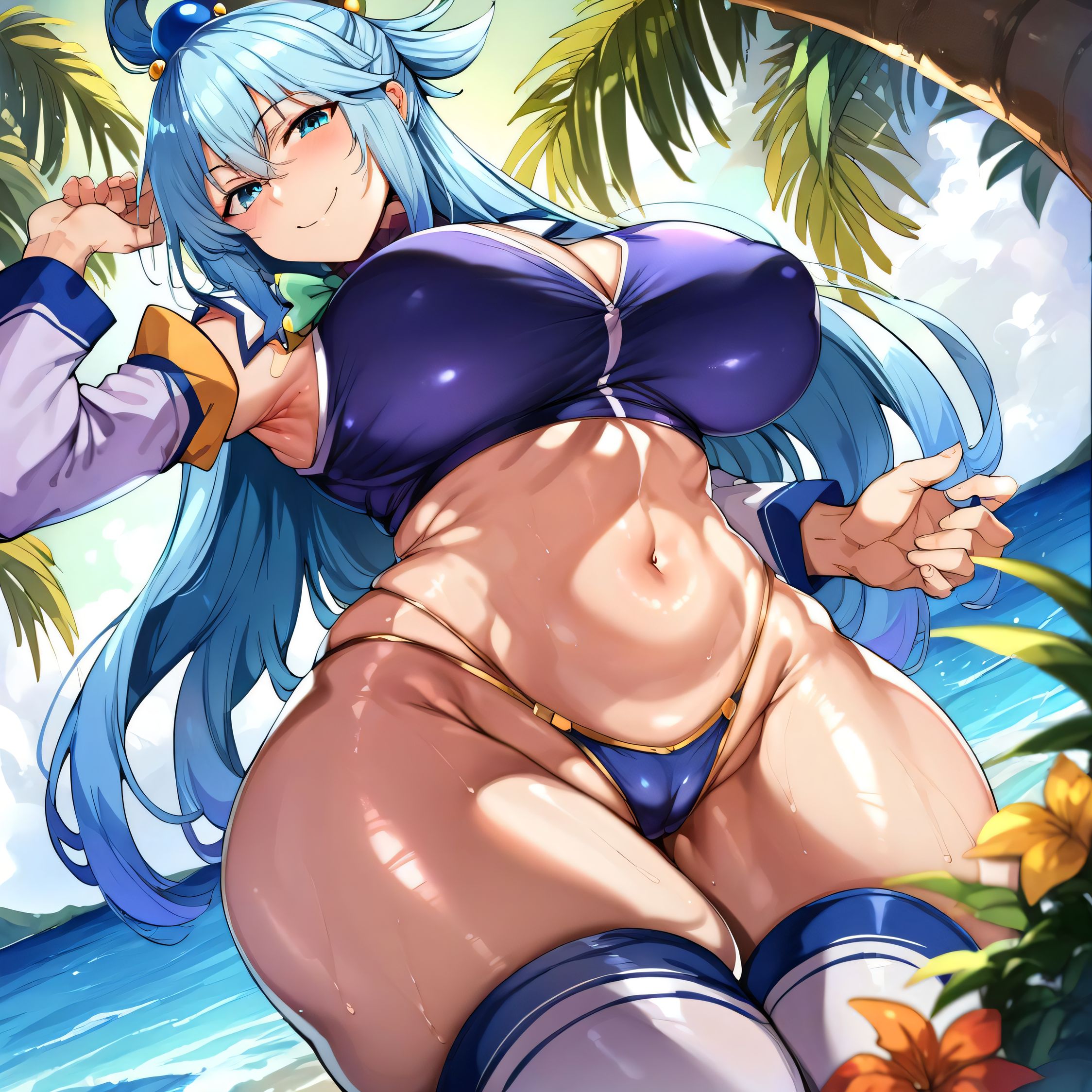 1girls, ai generated, alternate breast size, aqua (konosuba), big breasts, bikini, breasts, busty, curvaceous, curvy, curvy body, curvy female, curvy figure, female, huge breasts, kono subarashii sekai ni shukufuku wo!, large breasts, nipples, sweat, sweating, sweaty, sweaty body, sweaty breasts, thick thighs, thighs, venus body