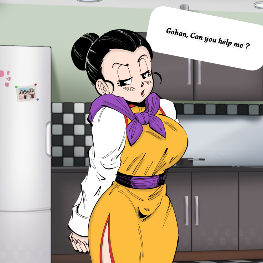 1girls, 2d, asking, chichi, chichi (majin buu saga), clothed, dragon ball, dragon ball super, dragon ball z, english text, female, full color, fully clothed, imminent sex, kitchen, milf, mother, no penetration, solo, solo female, son gohan, standing, text