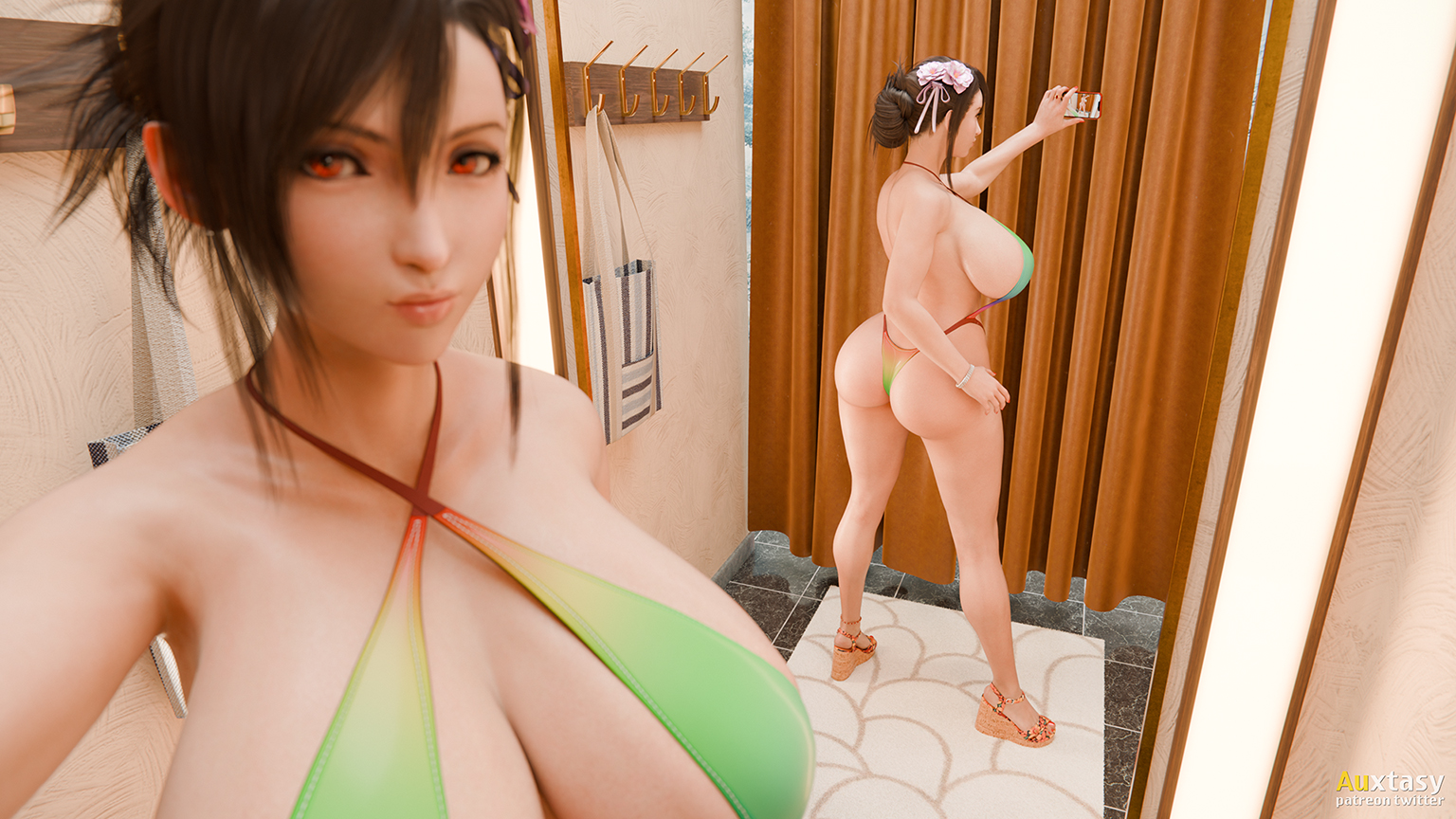 1girls, 3d, ass, auxtasy, big ass, big breasts, blender cycles, breasts, dark hair, female, female only, final fantasy, final fantasy vii, final fantasy vii remake, huge ass, huge breasts, legs, looking at viewer, mirror, red eyes, reflection, sandals, selfie, smartphone, solo, swimsuit, tifa lockhart
