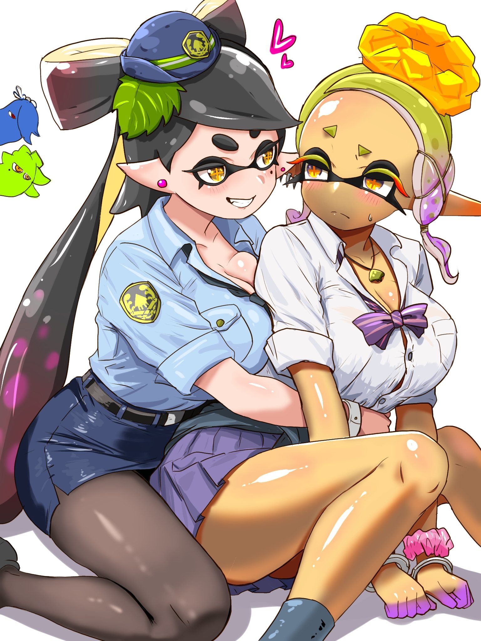4girls, belt, black footwear, black pantyhose, black socks, blush, bow, breast squish, breasts, button gap, callie (splatoon), cleavage, earrings, female, frye (splatoon), handcuffed, handcuffs, inkling, inkling girl, large breasts, long hair, marie (splatoon), mole, mole under eye, nintendo, pantyhose, pencil skirt, pointy ears, police, police uniform, policewoman, school uniform, shiver (splatoon), simple background, skirt, socks, splatoon, splatoon (series), splatoon 3, sweat, sweater around waist, t2ukmyjm, tentacle hair, two-tone hair, white background, yuri