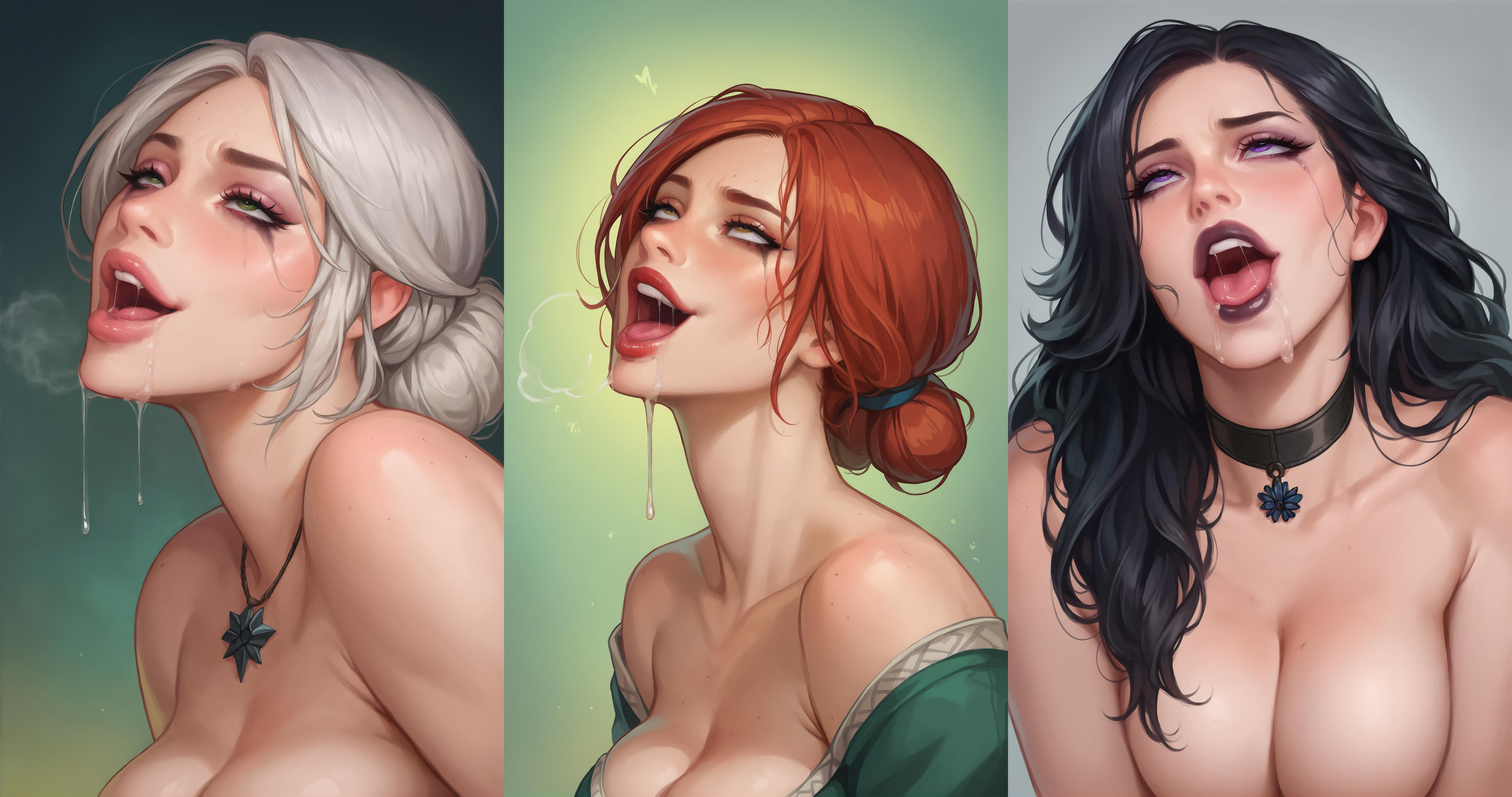 3girls, ahe gao, ai generated, aroused face, artist request, black choker, black collar, black hair, breasts, cd projekt red, choker, ciri, collar, female, green eyes, light skin, light-skinned female, mascara, mascara tears, necklace, nude, open mouth, orgasm face, purple eyes, red hair, saliva, scar, the witcher (series), the witcher 3: wild hunt, triss merigold, white hair, yennefer