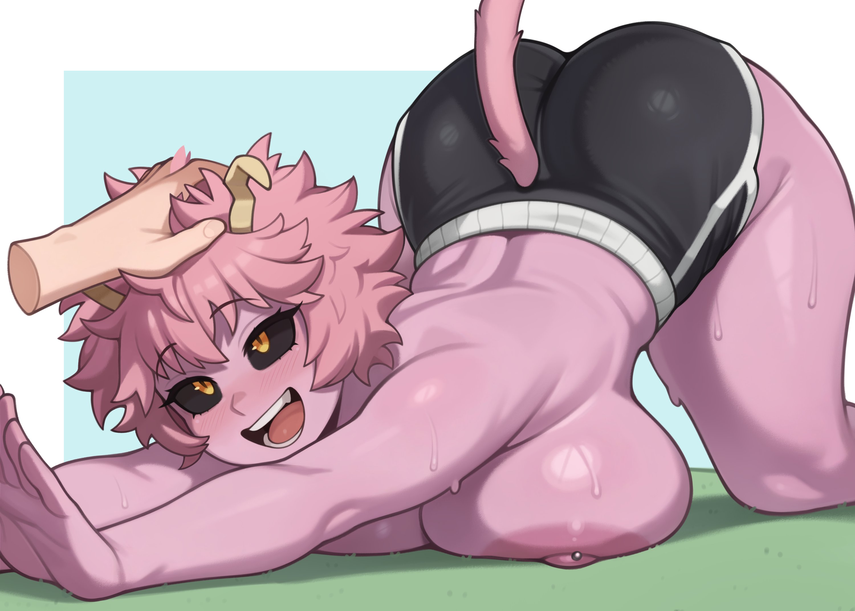 1girls, animal tail, ass, black sclera, blush, breast press, breasts, cat tail, female, gym shorts, headpat, horns, large ass, melonpuff, messy hair, mina ashido, my hero academia, nipple piercing, nipples, open mouth, pierced nipples, piercing, pink hair, pink skin, pink-haired female, short hair, shorts, smile, sweat, topless, unusual skin color, yellow eyes