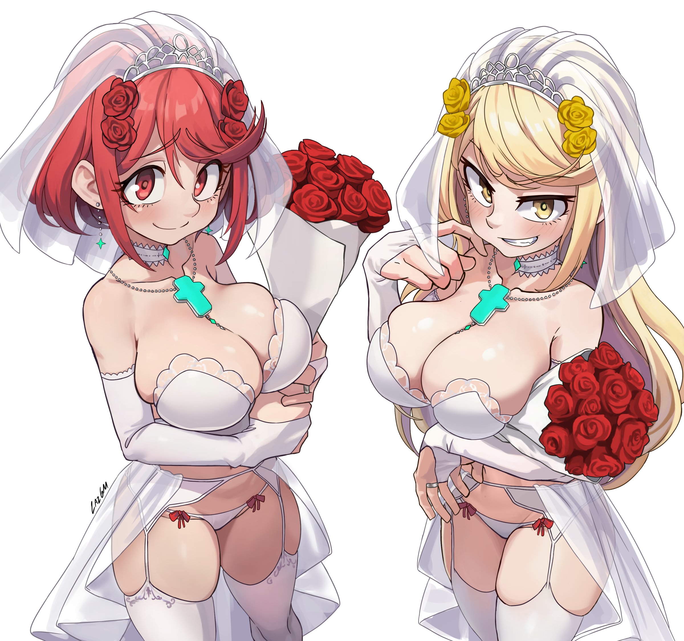 2girls, breasts, female, huge breasts, laz gm, looking at viewer, mythra, nintendo, pov, pyra, tagme, wedding dress, wedding veil, xenoblade (series), xenoblade chronicles 2