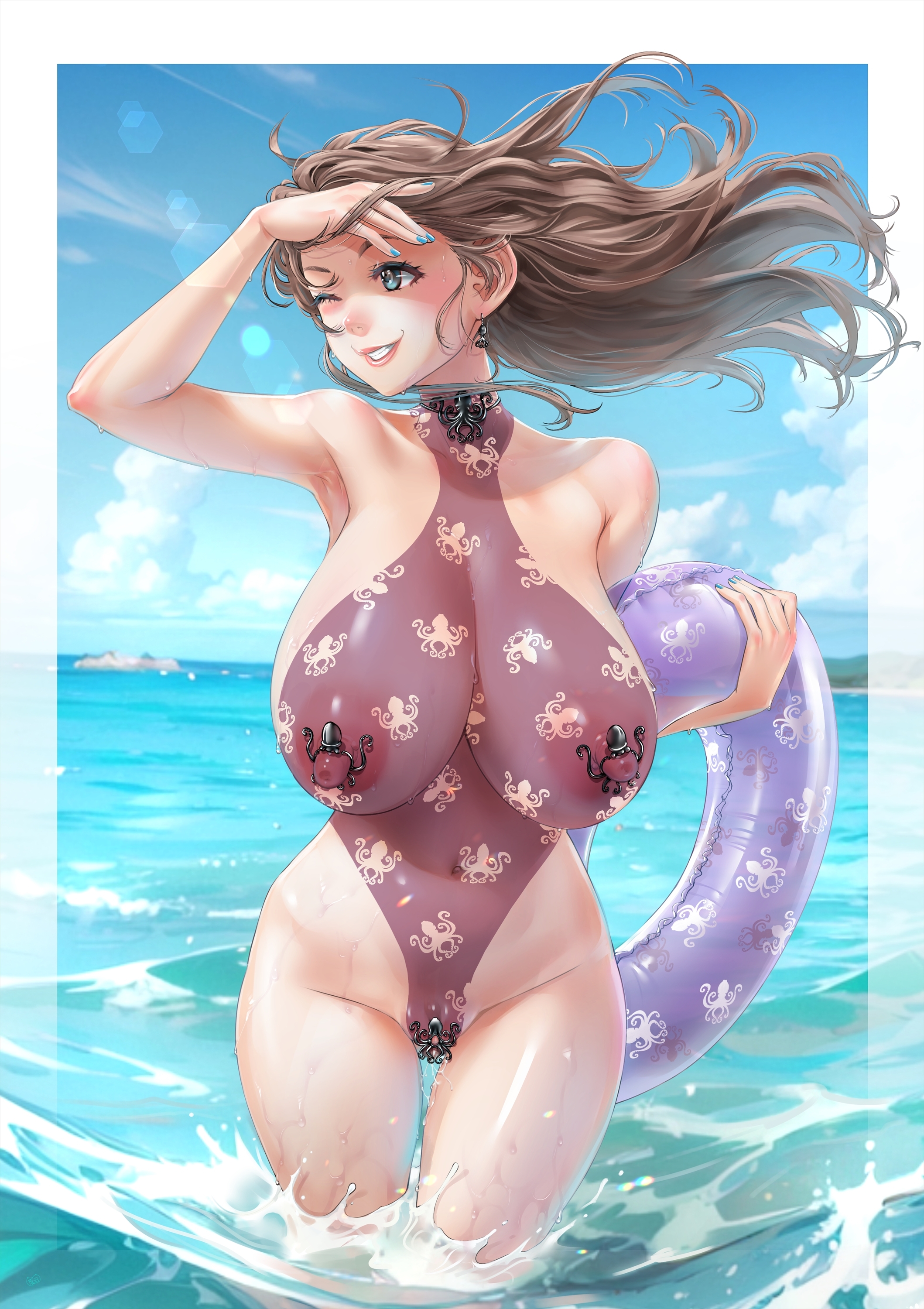 1girls, abdomen, beach, big breasts, big nipples, big pussy, bikini, blue eyes, blue sky, body paint, bodypaint, breasts, brown hair, chichimaro, clitoris, clitoris piercing, completely nude, day, false clothes, female, female only, huge breasts, huge nipples, large nipples, nipple piercing, nipples, nude, nude female, outdoors, painted clothes, piercing, pool float, public, public exposure, public nudity, pussy, pussy juice, pussy juice drip, ring piercing, rubber ring, sagging breasts, sea, skinny, skinny female, solo, sunlight, tattoo uniform, thick thighs, thighs, wading, water