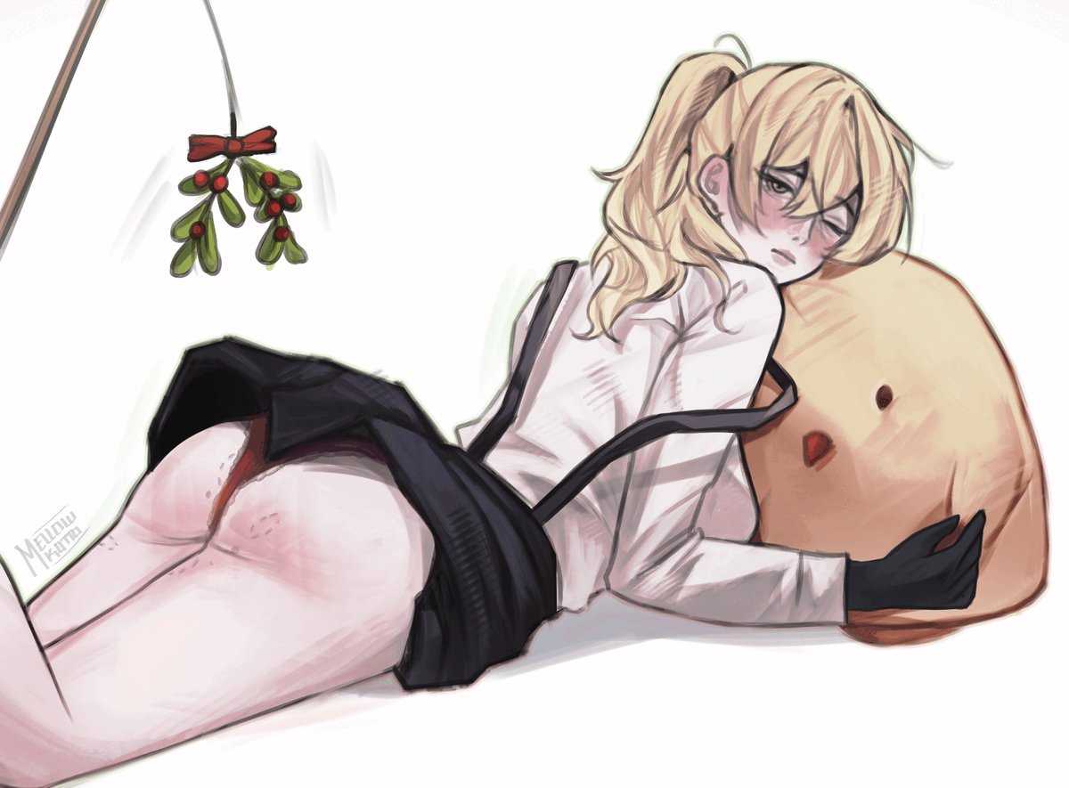 1girls, artist signature, big ass, bite mark, bite mark on ass, bite mark on thigh, bite marks, bitemarks, blonde, blonde female, blonde hair, blonde-haired female, christmas, clothed female, genderswap (mtf), limbus company, mellowkotto, mistletoe, project moon, red panties, rule 63, sinclair (limbus company), skirt, solo, solo female, tagme