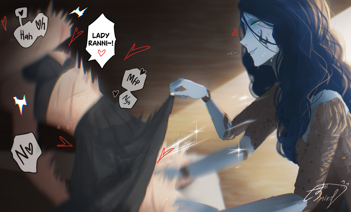2d, 4 arms, accurate body type, artist signature, blue body, blue hair, dialogue, dialogue bubble, doll, elden ring, english dialogue, english text, female, female only, fingering, fingering partner, fromsoftware, heart symbol, interspecies, light skin, light-skinned female, menininini, motion blur, multi arm, multi limb, nipple slip, non-human, pussy, ranni the witch, scars, scars on chest, skirt, skirt lift, tarnished, tarnished female, vaginal fluids, yuri