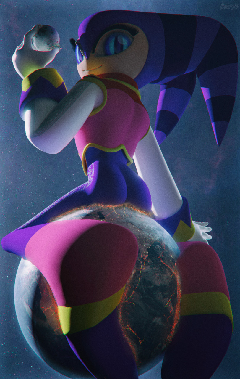3d_(artwork) ass blue_eyes clothing digital_media_(artwork) earth female guben humanoid looking_at_viewer looking_back macro male nights nights_into_dreams planet planet_dwarfing smile solo terra_macro
