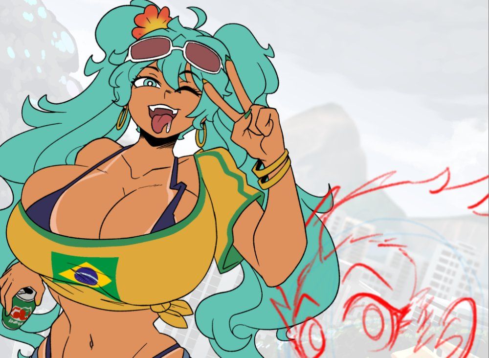 1girls, brazilian miku, breasts, dark skin, dark-skinned female, female, huge breasts, looking at viewer, peace sign, tagme, tanline